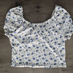 Floral Puff Sleeve Top - Blue and White